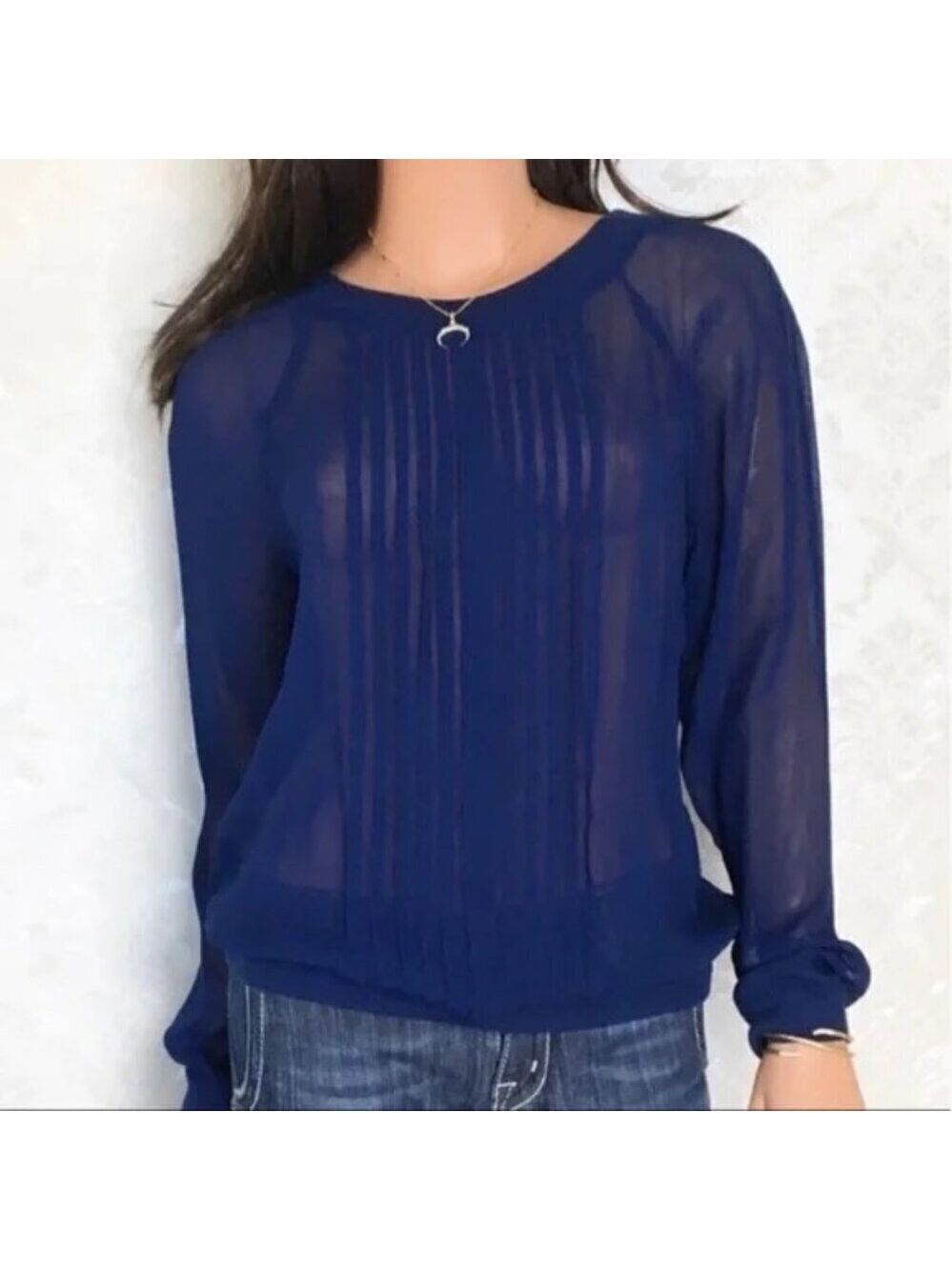 Anthropologie “ONE FINE DAY” Sheer Blue Blouse Round Neck Long Sleeve Size XS